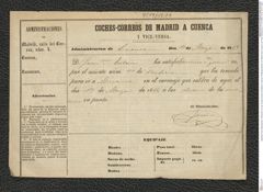 Nachlass Franz Steindachner, Fahrschein von der Coches-Correos de Madrid a Cuenca ("Postkutschenlinie von Madrid nach Cuenca") an Franz Steindachner (17.05.1865), Inv.Nr. 83.01, Seite 1